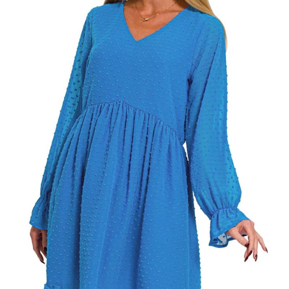Zenana Blue Textured Long Sleeve Dot Dress XL V-Neck Fit & Flare